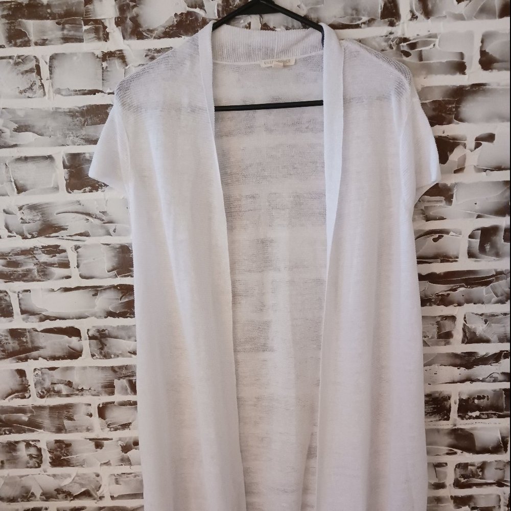 Eileen Fisher XS Open Front Cardigan White Short Sleeved 100% Organic Linen